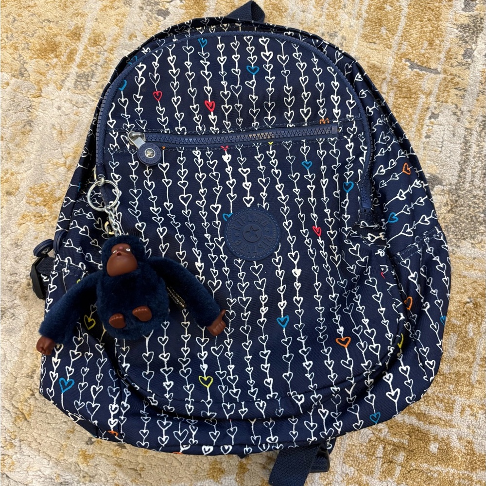 Kipling Navy and White Heart Backpack, Brand New